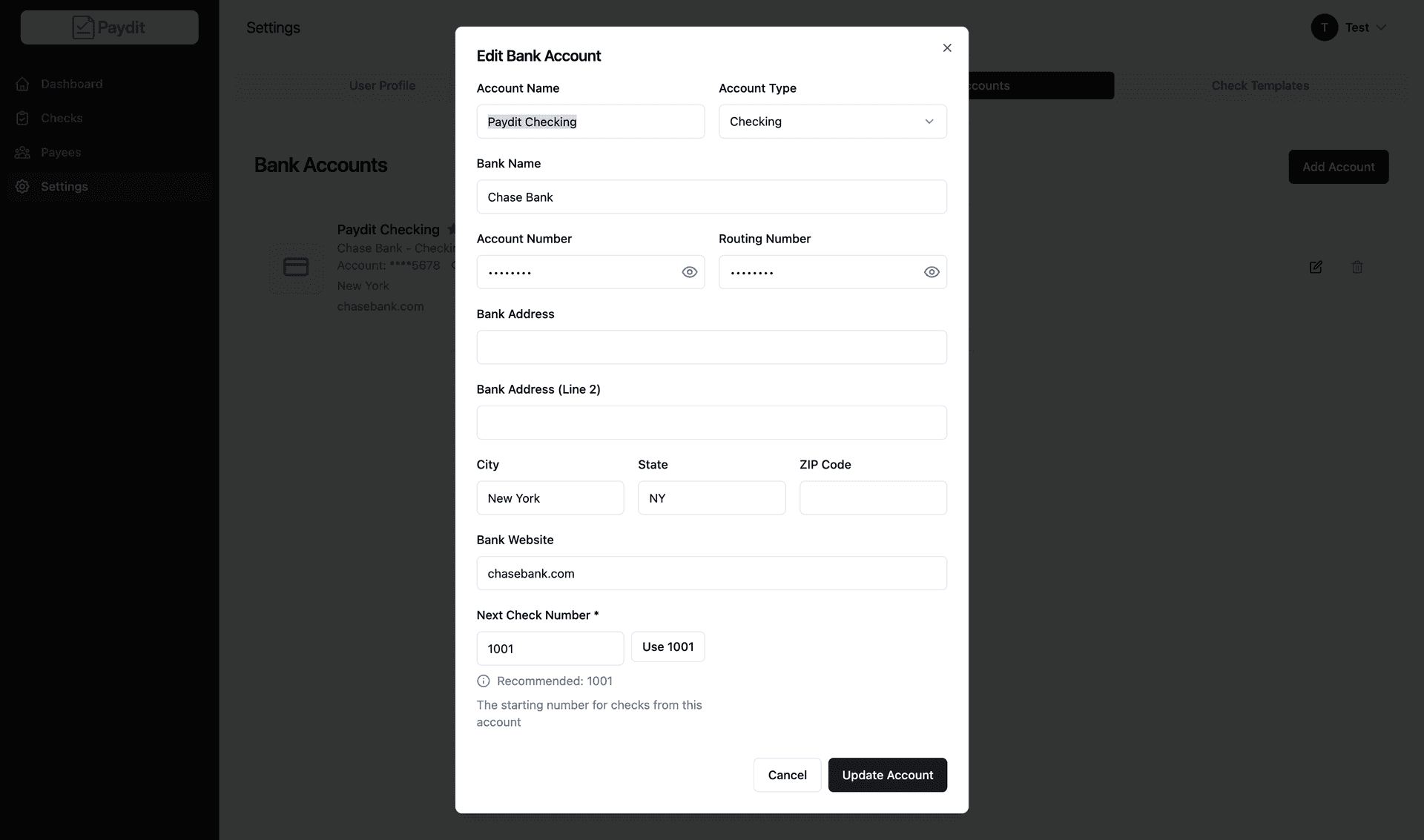 Bank Account Setup